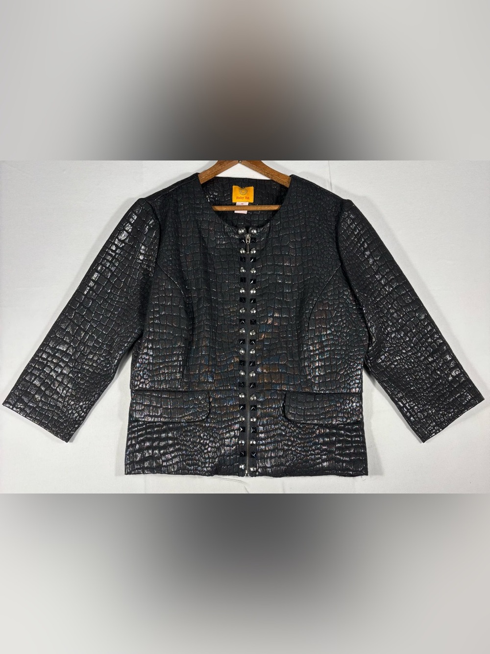 Ruby Rd. Women’s 10 Black Croc-Embossed Zip-Front Studded Crop Jacket